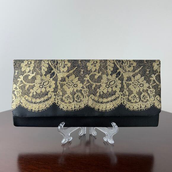 Black and Gold Lace Glitter Print Satin Clutch Purse  - 10w x 5h x 1D - Picture 10 of 10